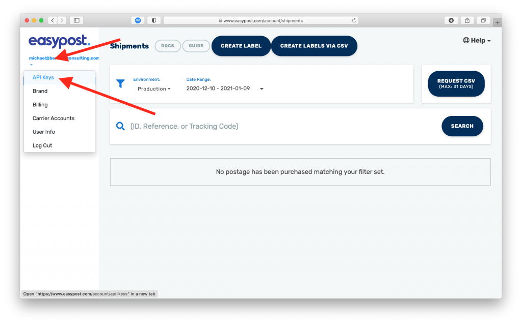 EasyPost dashboard