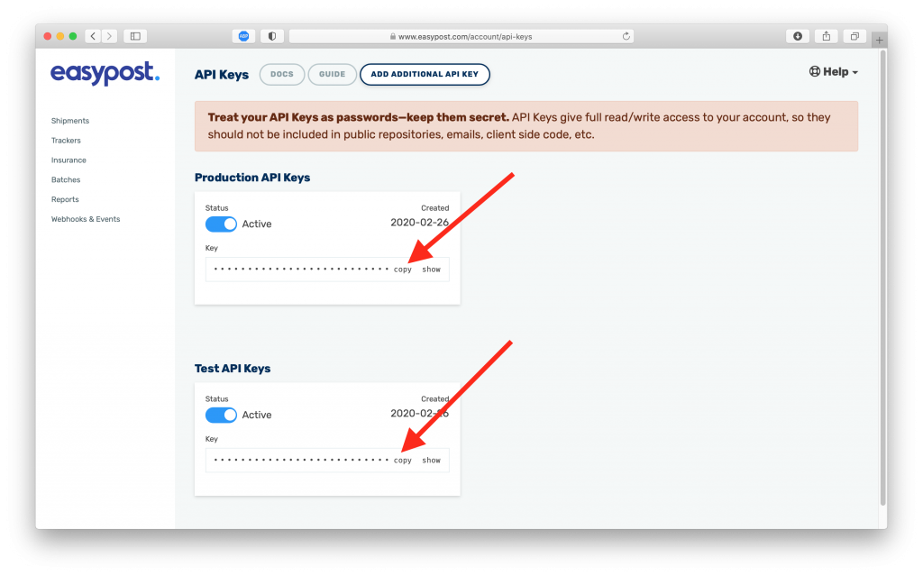 EasyPost API Keys