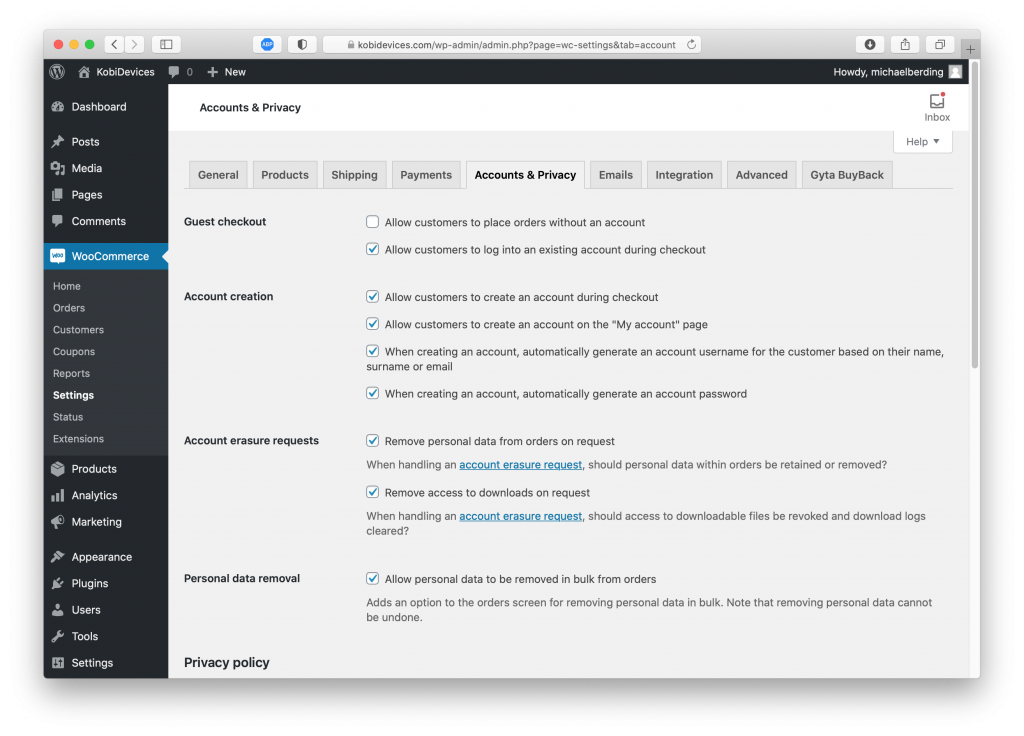 Accounts settings