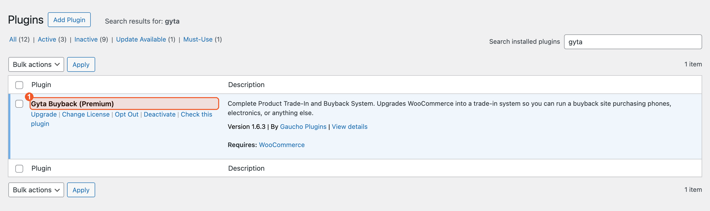 Gyta Buyback active in the plugin list, showing version 1.6.3