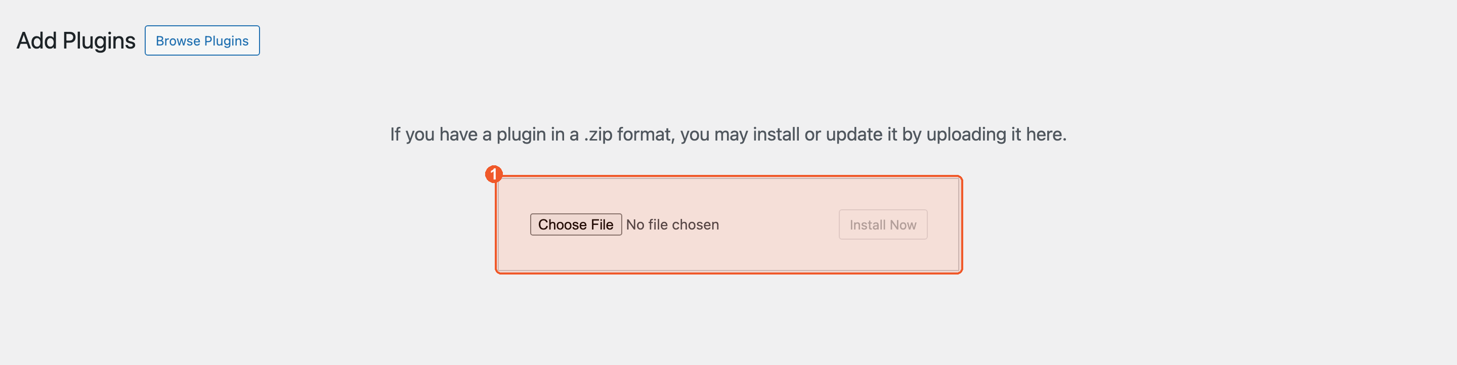 The Upload Plugin form with Choose File and Install Now highlighted