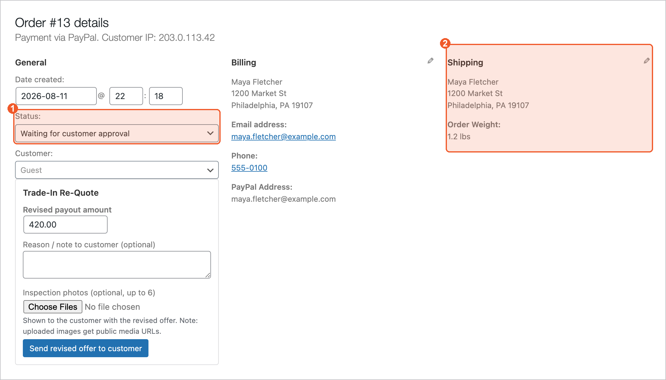 A trade-in order edit screen: the order status set to Waiting for customer approval, the customer's shipping address, and the Trade-In Re-Quote panel