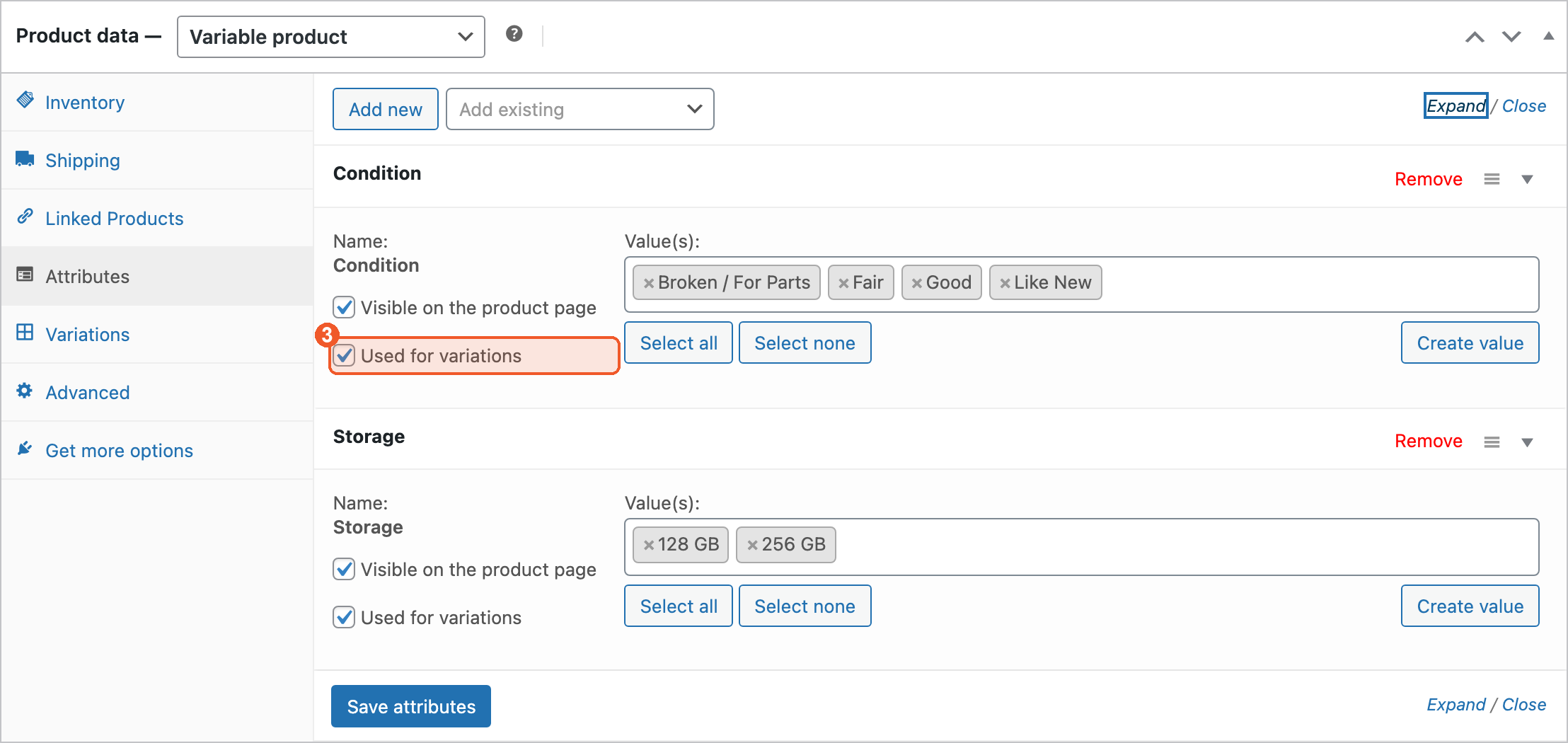 The Attributes tab with Condition and Storage expanded and Used for variations checked