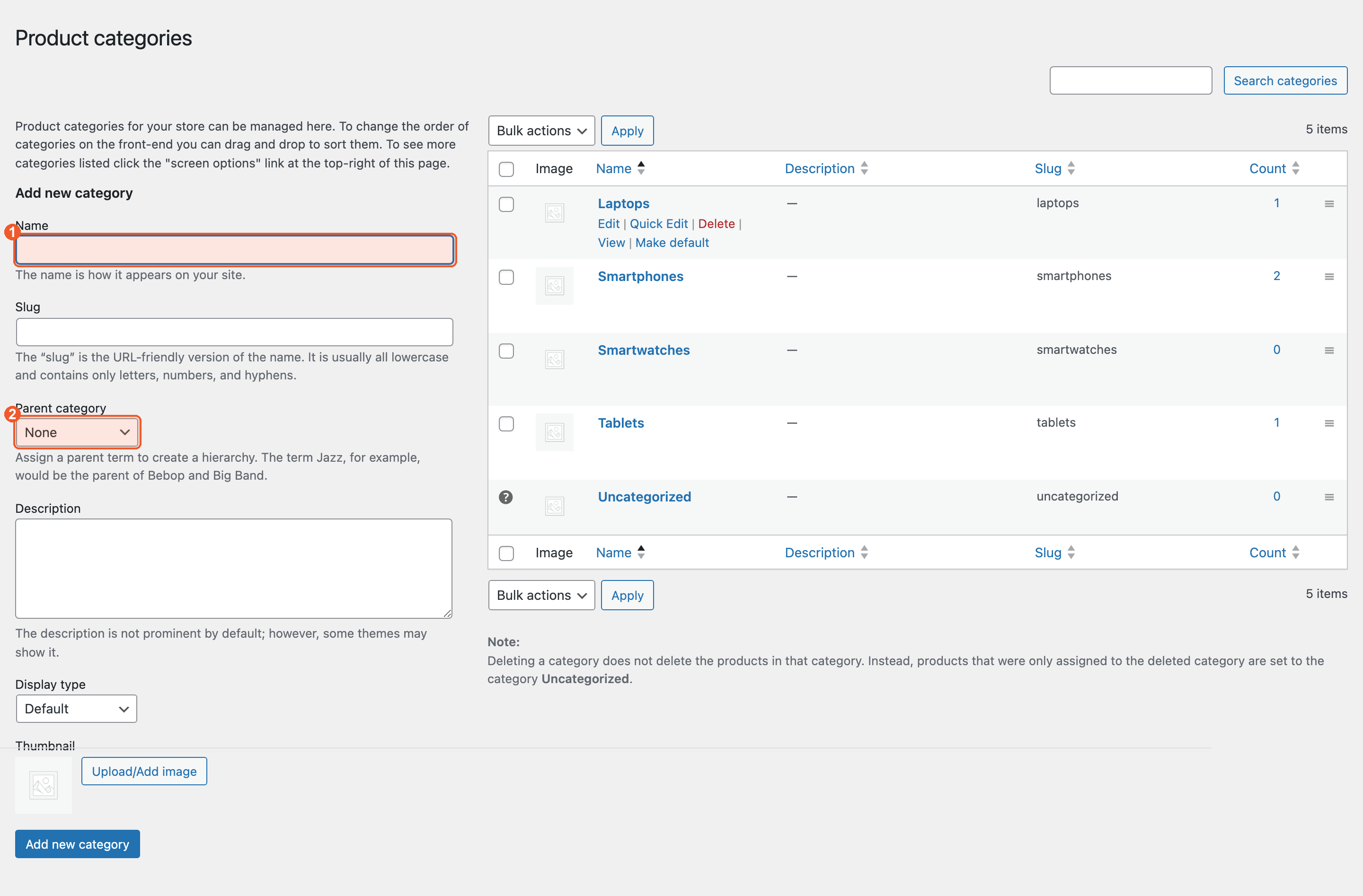 The Product categories screen: the Name field and Parent category selector on the left, existing categories listed on the right