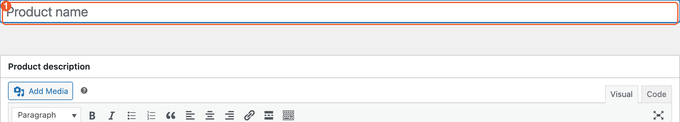 A new product screen with the product name field highlighted