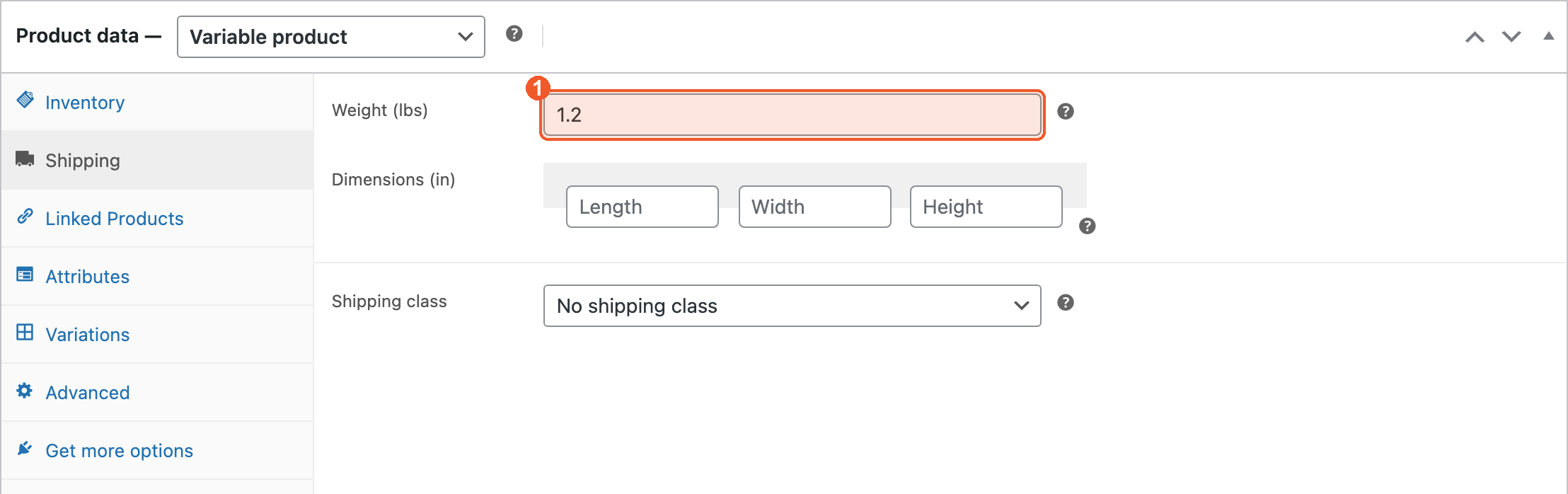 The Shipping tab of the Product data box with the weight field set to 1.2