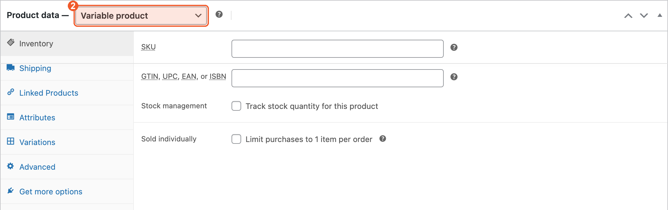 The Product data box with the type dropdown set to Variable product