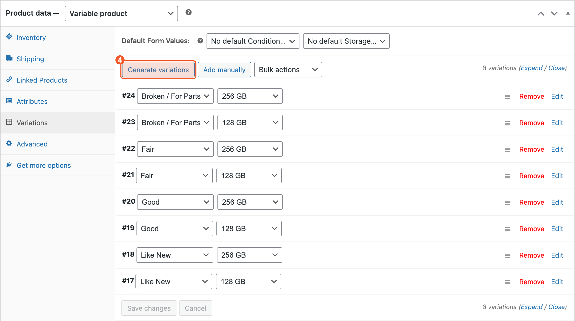 The Variations tab listing eight generated condition and storage combinations