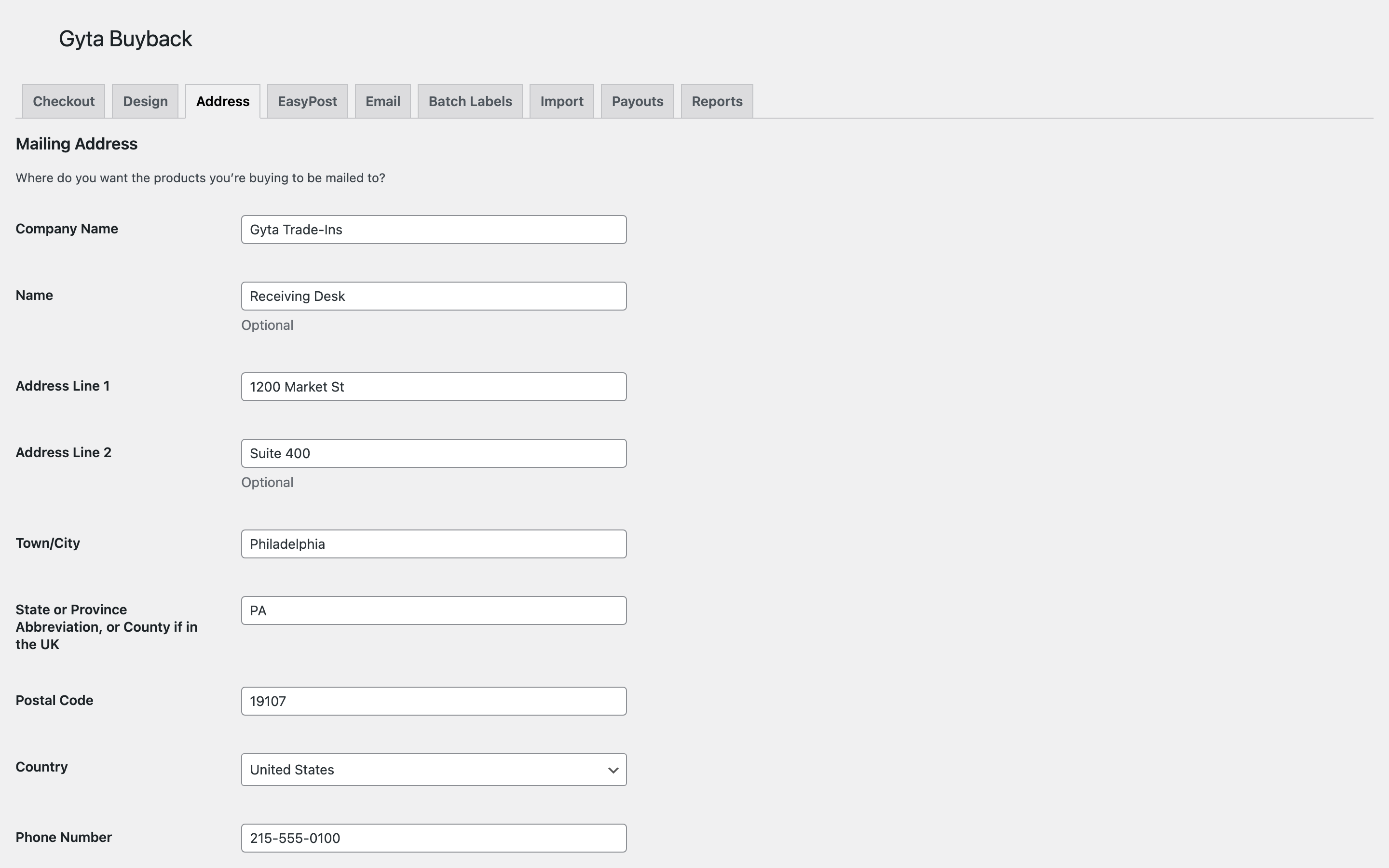 The Address tab with company name, street, city, state, postal code, country, and phone filled in