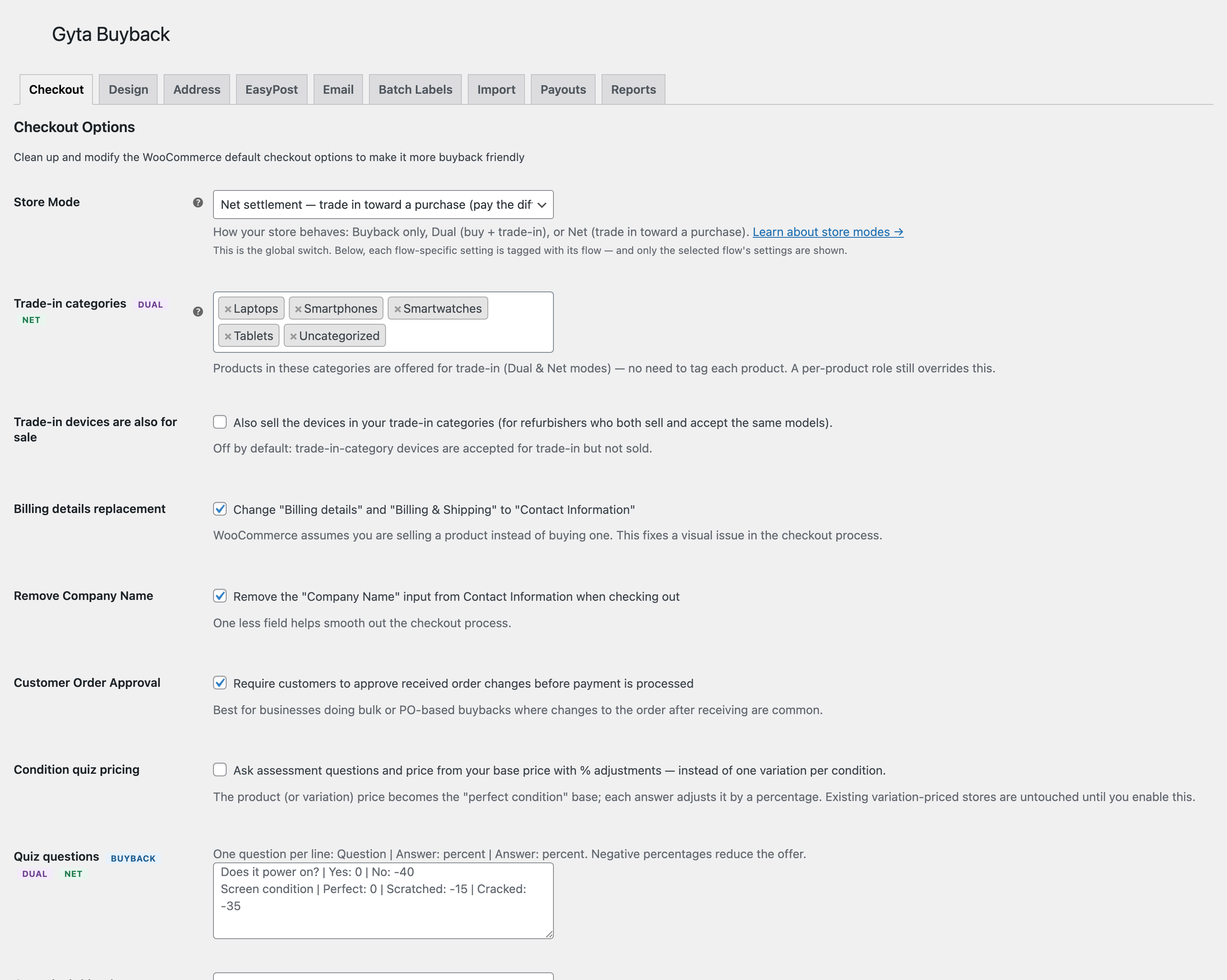 The Checkout tab showing the Store Mode selector, button labels, and device-detail settings