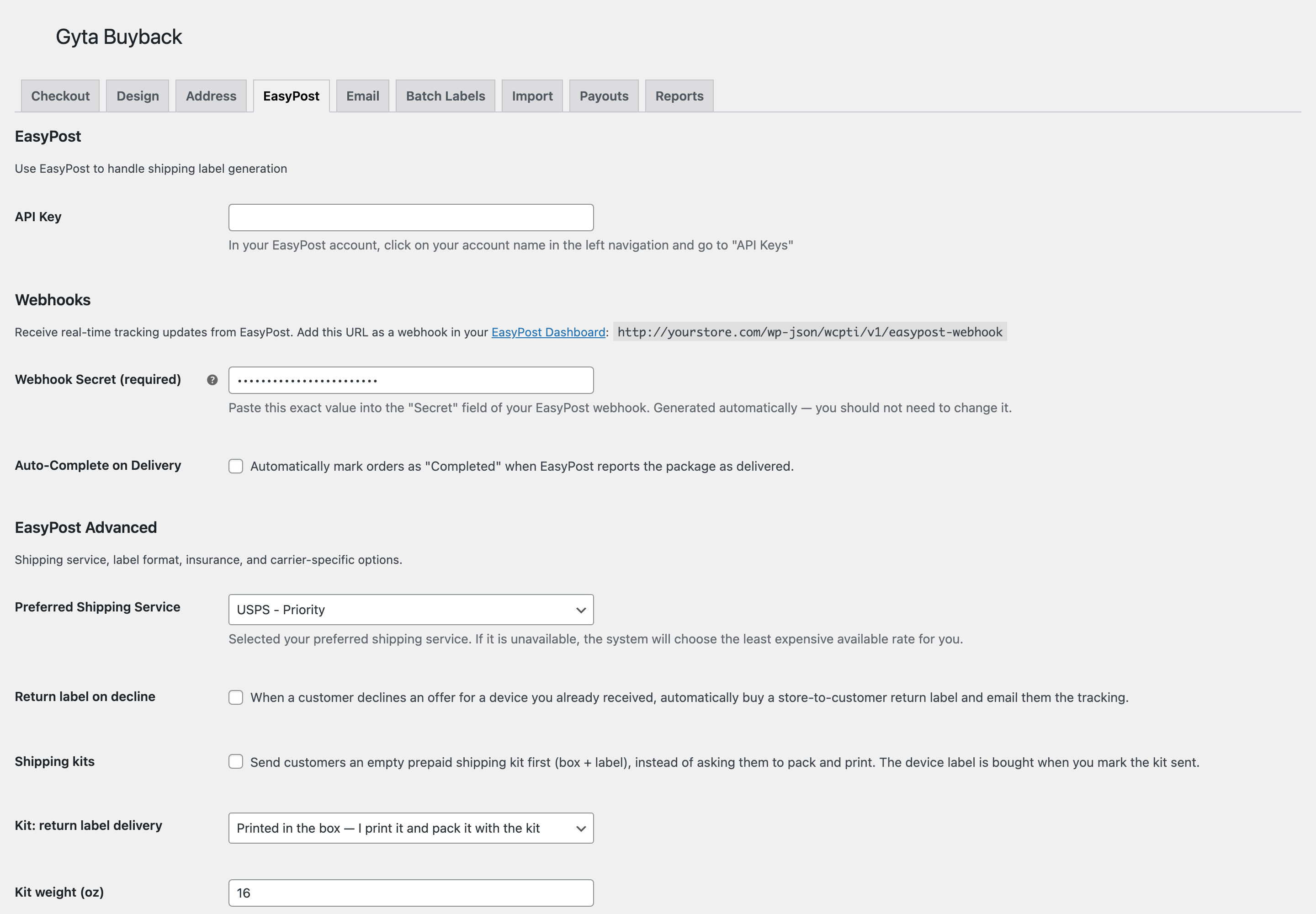 The EasyPost tab showing the API Key field, webhook URL and secret, and the EasyPost Advanced section