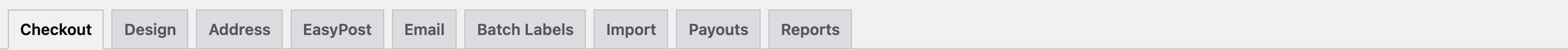 The nine Gyta Buyback settings tabs: Checkout, Design, Address, EasyPost, Email, Batch Labels, Import, Payouts, Reports