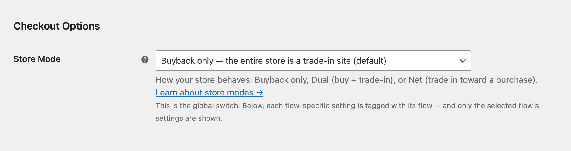 The Store Mode setting on the Gyta Buyback Checkout tab, showing the Buyback only, Dual, and Net choices