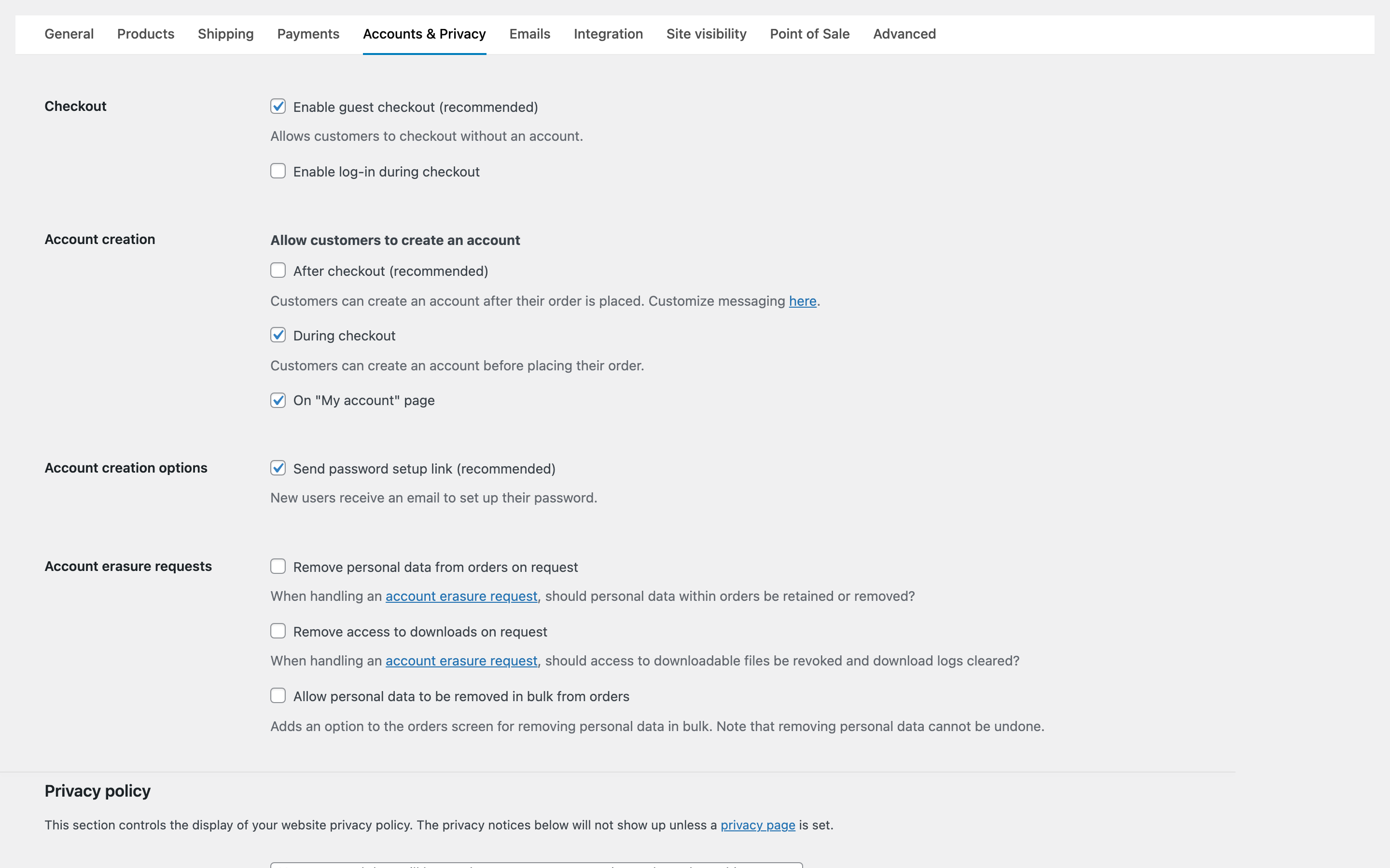 The WooCommerce Accounts & Privacy screen with guest checkout enabled