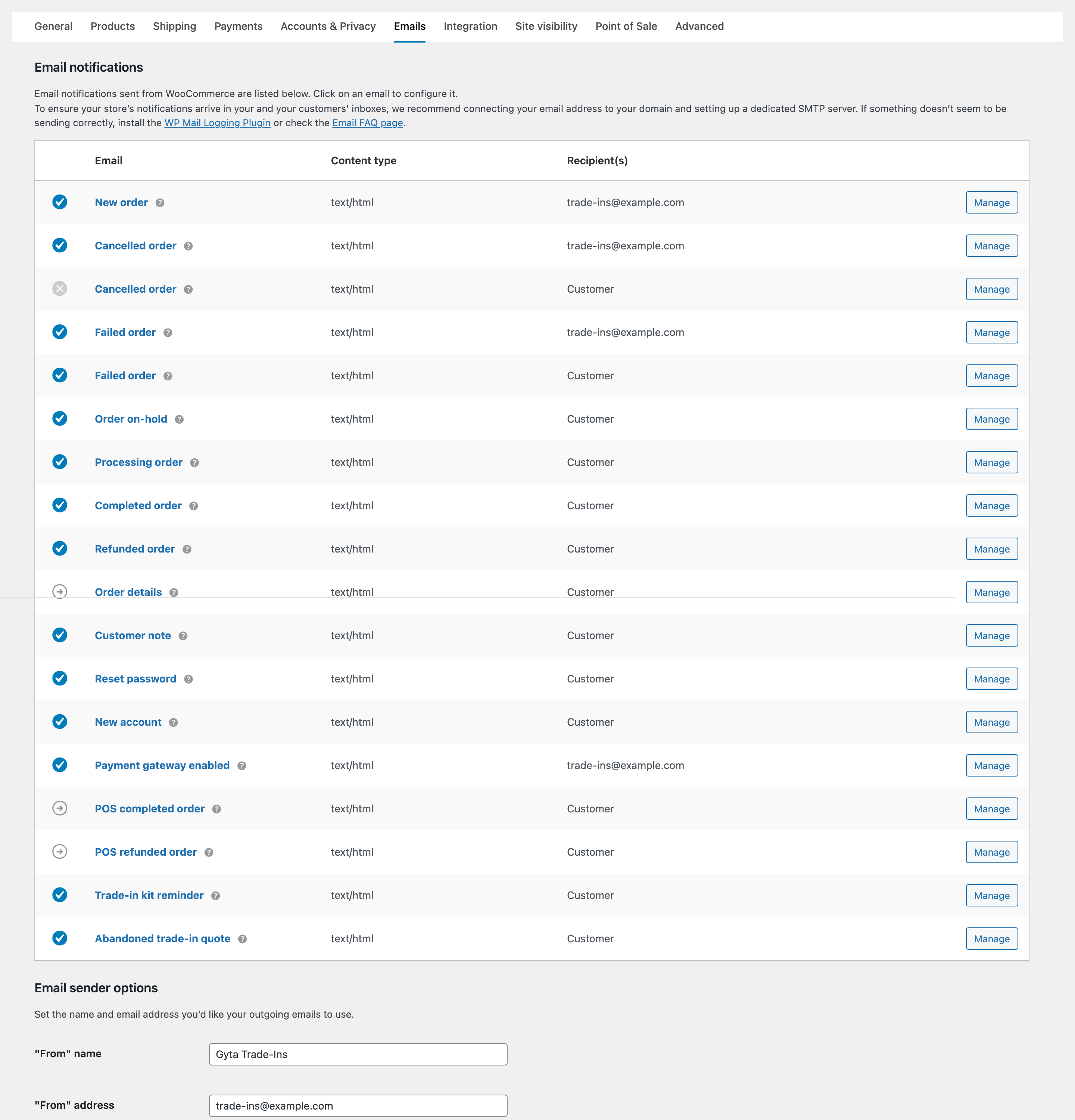 The WooCommerce Email notifications list, including the Trade-in kit reminder and Abandoned trade-in quote emails