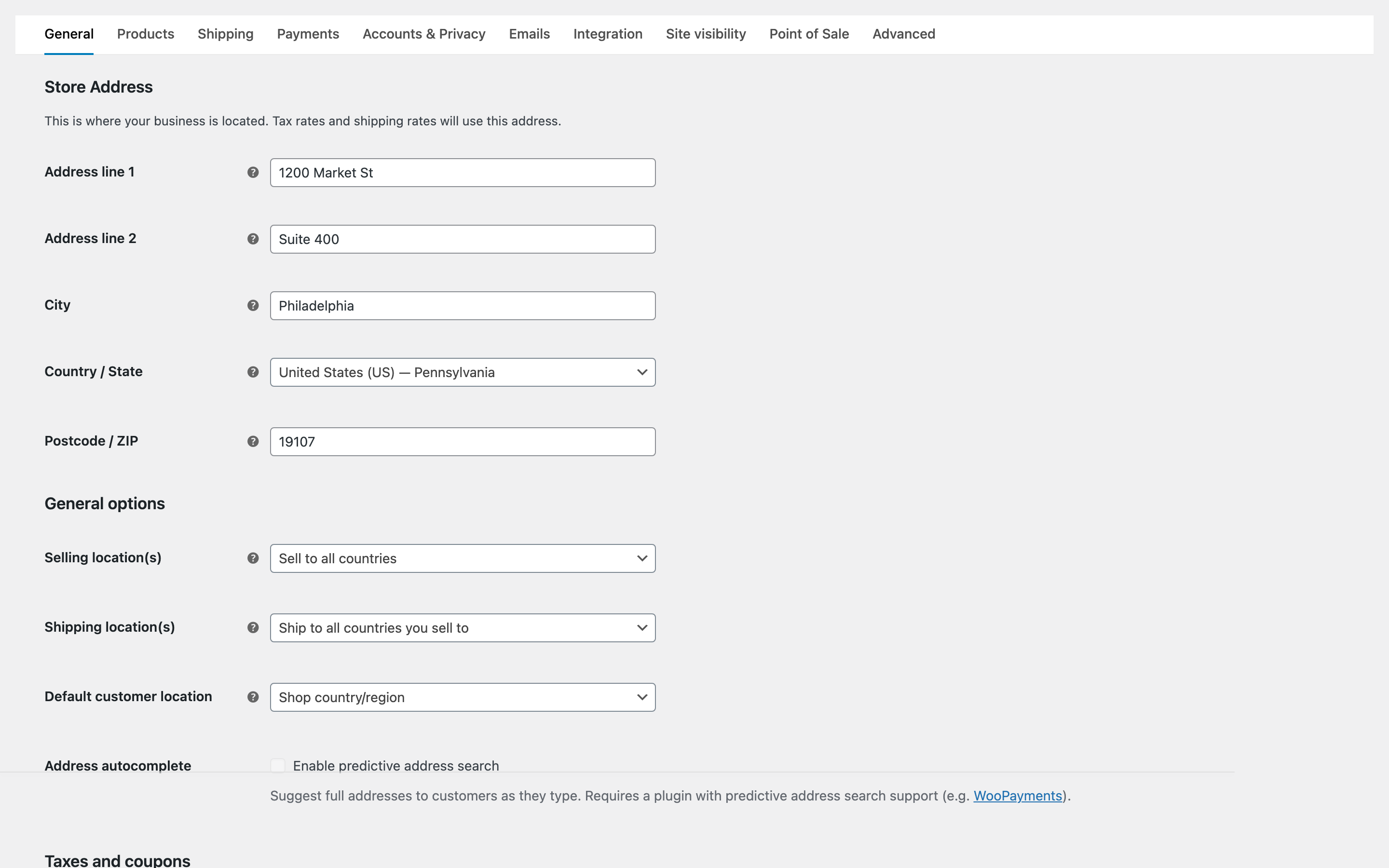 The WooCommerce General settings screen showing the store address and selling locations