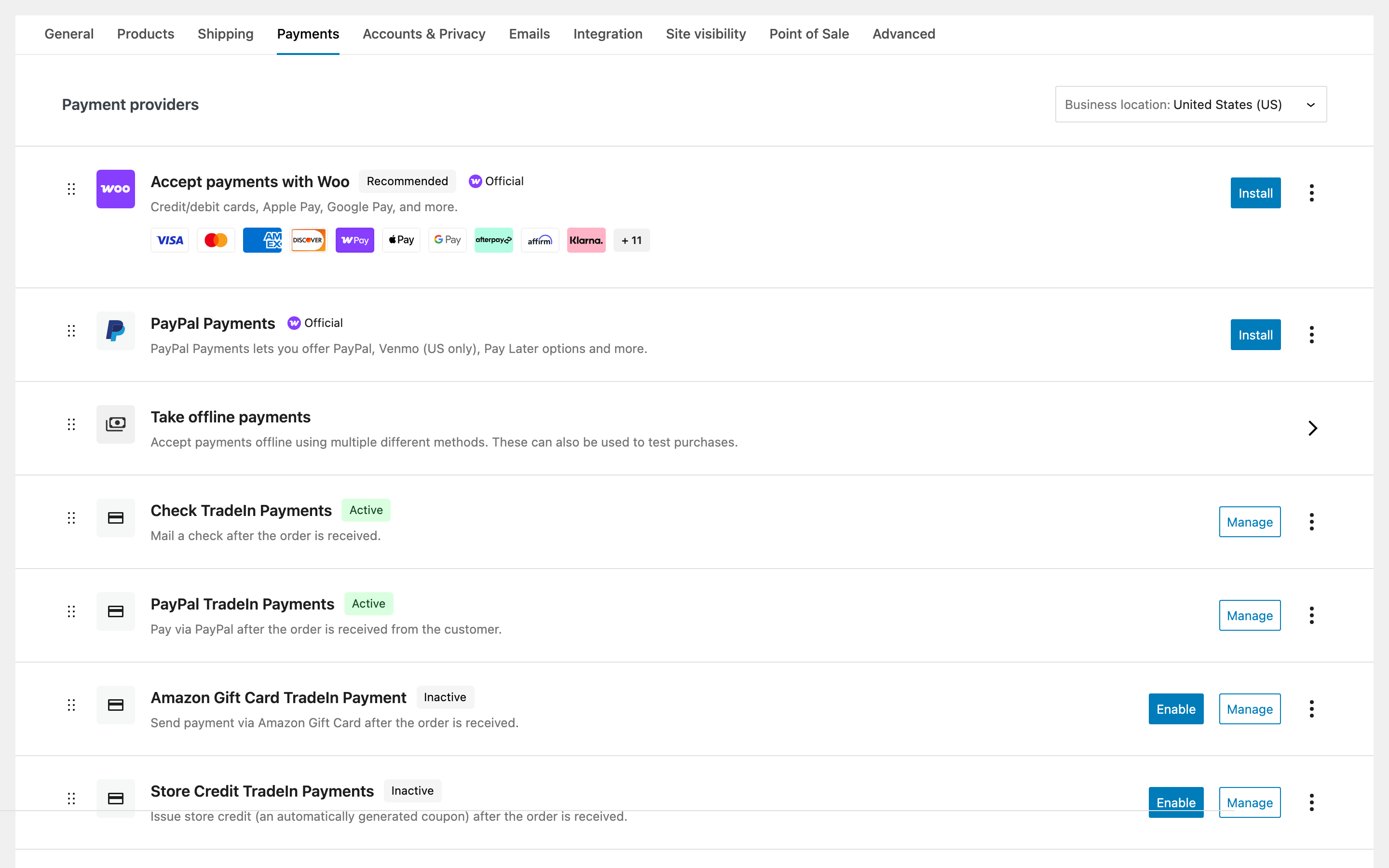 The WooCommerce Payments screen listing the Gyta trade-in payment methods alongside the standard gateways