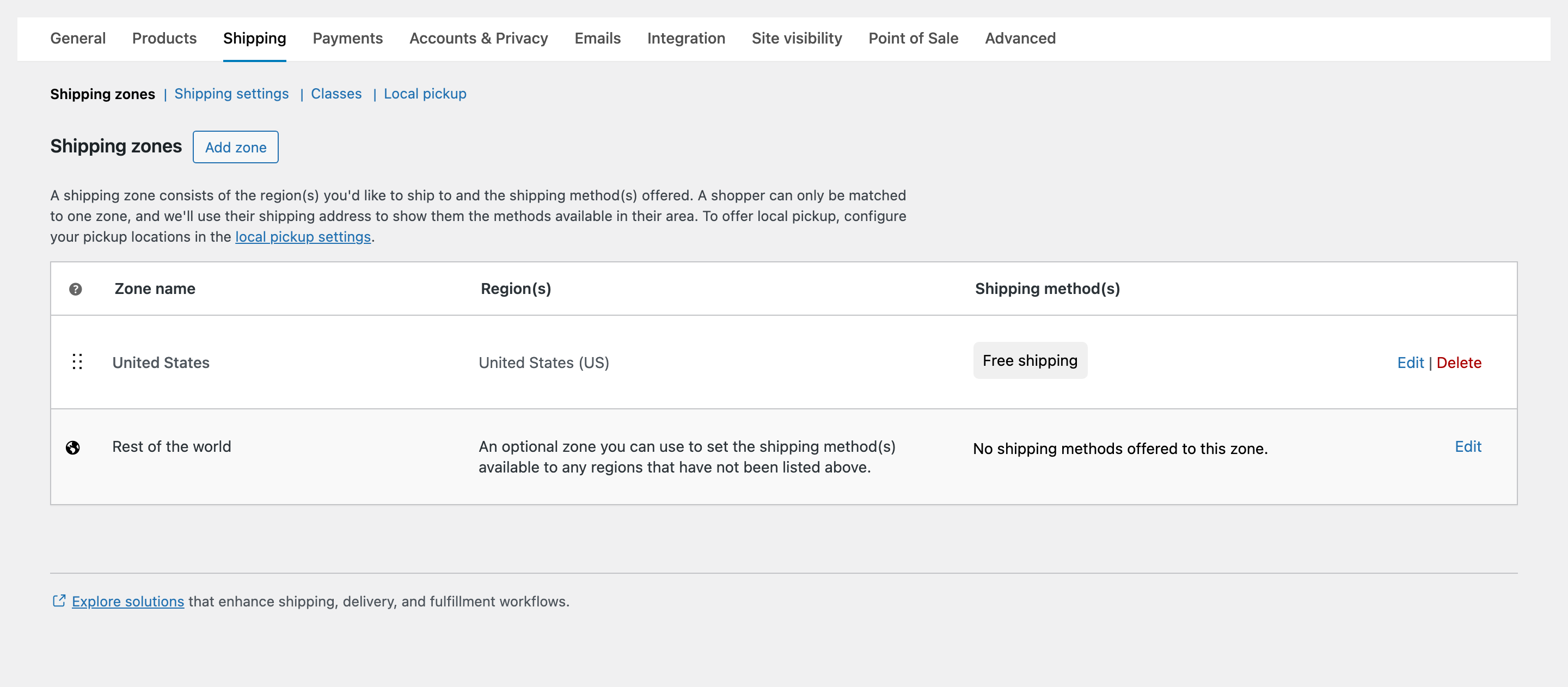 The WooCommerce Shipping zones screen with a United States zone offering Free shipping